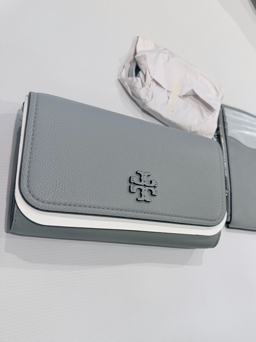 Tory Burch Light Gray Leather Phone Wallet Case with White Trim